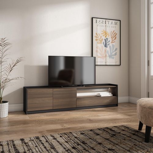 Meuble TV, Banc Télé, 207x50x37cm, LED, Chêne Foncé Et Noir