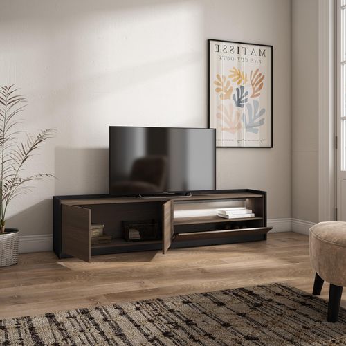 Meuble TV, Banc Télé, 207x50x37cm, LED, Chêne Foncé Et Noir