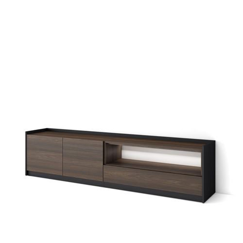 Meuble TV, Banc Télé, 207x50x37cm, LED, Chêne Foncé Et Noir