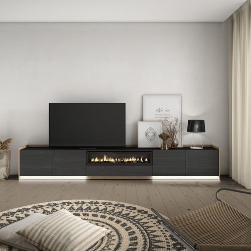 Meuble TV, Banc Télé, 310x50x37cm, Cheminée électrique, LED, Noir Et Chêne