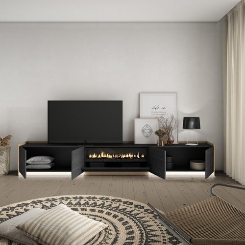 Meuble TV, Banc Télé, 310x50x37cm, Cheminée électrique, LED, Noir Et Chêne