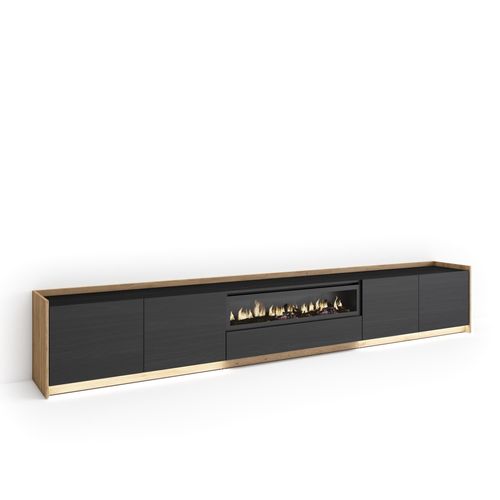 Meuble TV, Banc Télé, 310x50x37cm, Cheminée électrique, LED, Noir Et Chêne
