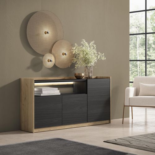 Buffet, Salon Et Cuisine, 156x80x37cm, 3 Portes, LED, Noir Et Chêne
