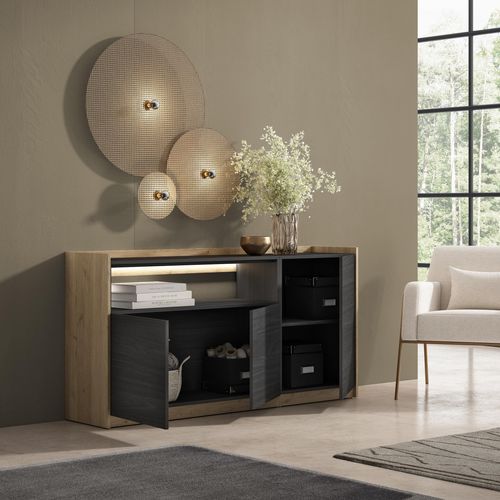 Buffet, Salon Et Cuisine, 156x80x37cm, 3 Portes, LED, Noir Et Chêne