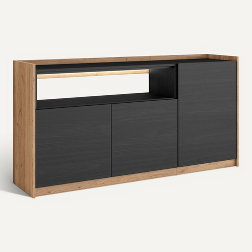 Buffet, Salon Et Cuisine, 156x80x37cm, 3 Portes, LED, Noir Et Chêne