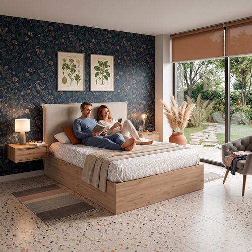 Lit coffre 140x190 cm SOAM imitation chêne & tissu beige vue d'ambiance 1