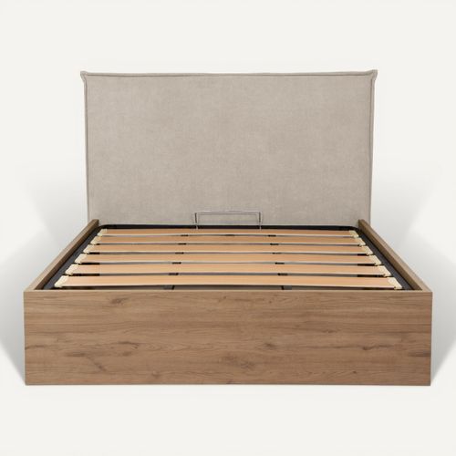 Lit coffre 140x190 cm SOAM imitation chêne & tissu beige vue de face