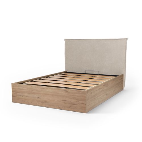 Lit coffre 140x190 cm SOAM imitation chêne & tissu beige vue de profil