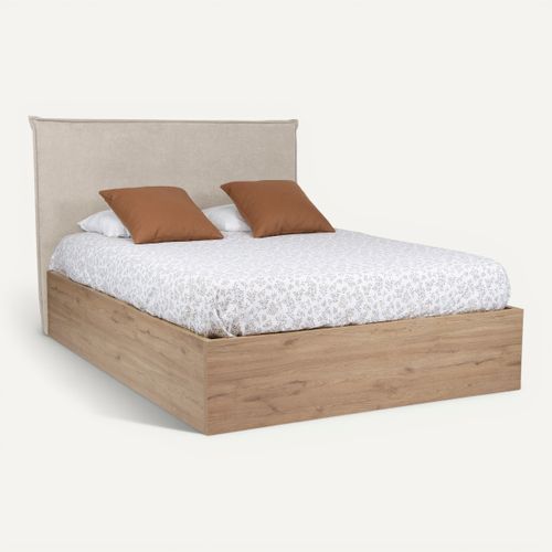 Lit coffre 140x190 cm SOAM imitation chêne & tissu beige vue 3/4