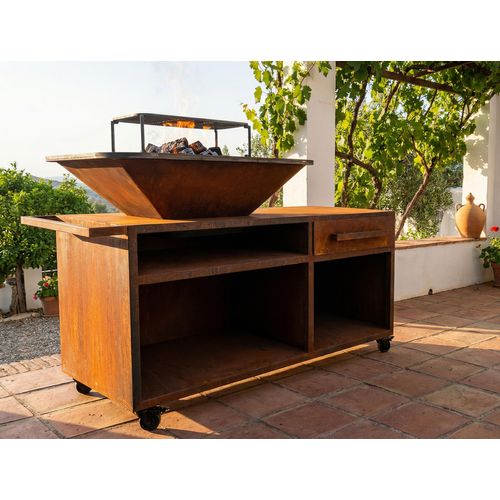 Grand Barbecue Braséro Avec Armoire En Acier Corten Avec Plaque De Cuisson Et Gril En Acier