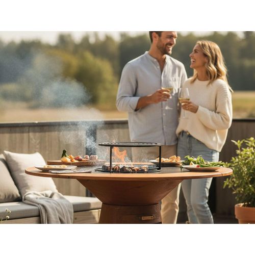 Barbecue Rond Avec Plaque De Cuisson Et De Gril En Acier Et Planche En Bois