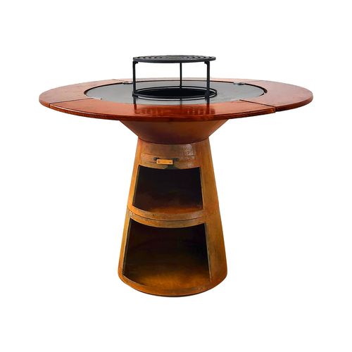 Barbecue Rond Avec Plaque De Cuisson Et De Gril En Acier Et Planche En Bois