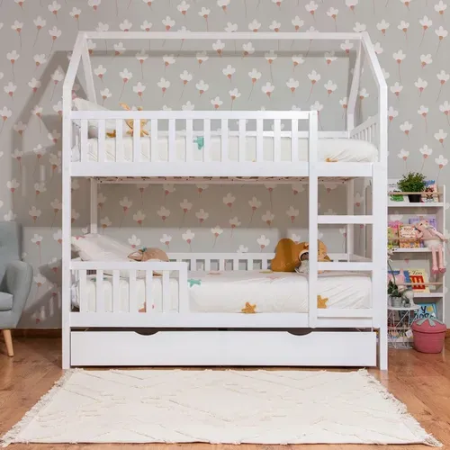 Lit Superposé Cabane + Lit Pieds Pliants Bois Blanc 90x190/90x190cm