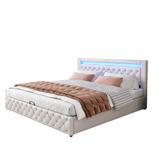 Lit Coffre Lit Double Rembourré 160x200 Cm Avec LED Et Sommier à Lattes, Pu, Blanc, Sans Matelas