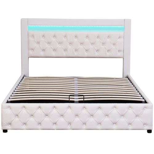 Lit Coffre Lit Double Rembourré 160x200 Cm Avec LED Et Sommier à Lattes, Pu, Blanc, Sans Matelas