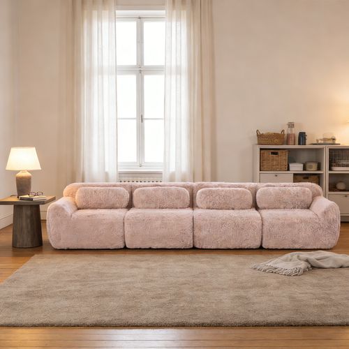 Canapé Modulable, 4 Places, Sans Assemblage Requis, Revêtement En Tissu Effet Fausse Fourrure, Rose
