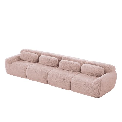 Canapé Modulable, 4 Places, Sans Assemblage Requis, Revêtement En Tissu Effet Fausse Fourrure, Rose