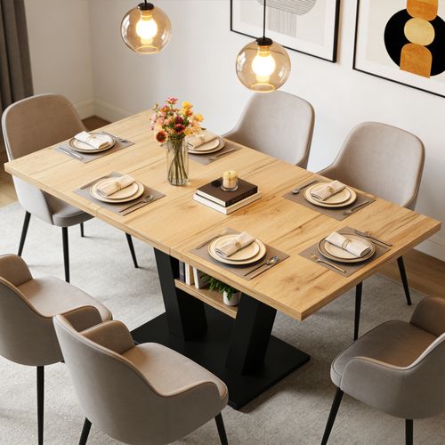 Table à Manger Extensible Et Étagère Intégrée, 118-157x70x75cm, Chêne Et Noir