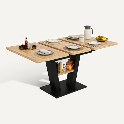 Table à Manger Extensible Et Étagère Intégrée, 118-157x70x75cm, Chêne Et Noir