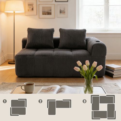 Méridienne, Revêtement En Velours Côtelé, Sans Assemblage, Gris