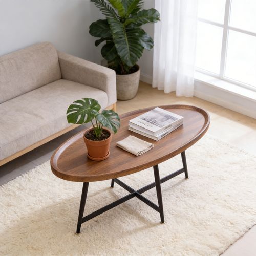 Table Basse De Salon Ovale, Structure En Métal, Marron