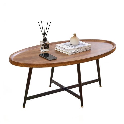 Table Basse De Salon Ovale, Structure En Métal, Marron