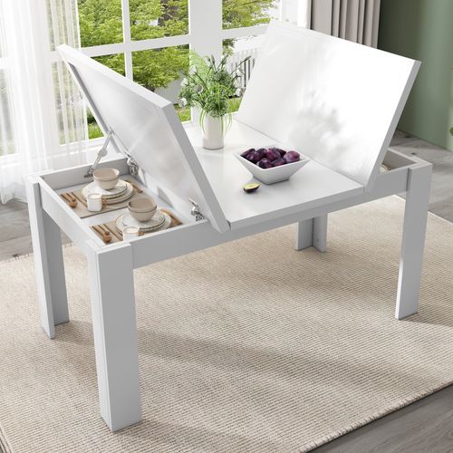 Table à Manger Rectangulaire En Mdf Avec Rangement Intégré - Blanc - 120x70 Cm