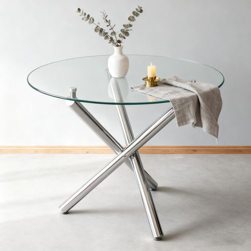 Table à Manger Ronde En Verre Trempé Et Métal Argenté - 80x80x76 Cm