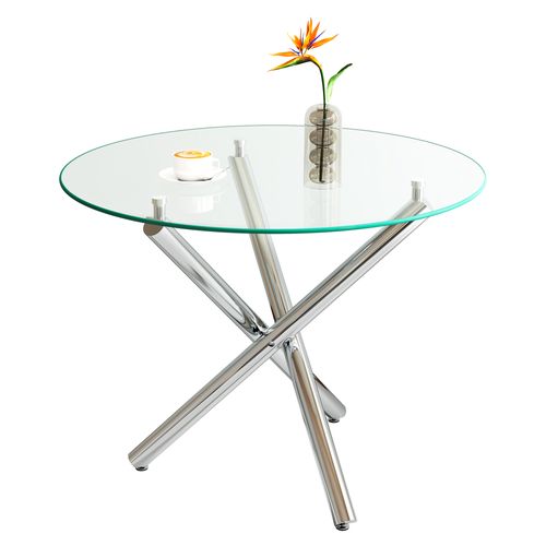 Table à Manger Ronde En Verre Trempé Et Métal Argenté - 80x80x76 Cm