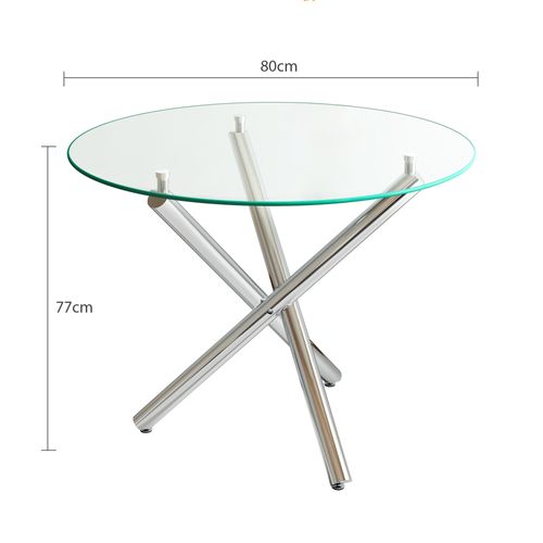 Table à Manger Ronde En Verre Trempé Et Métal Argenté - 80x80x76 Cm