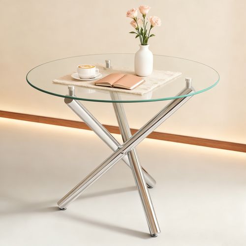 Table à Manger Ronde En Verre Trempé Et Métal Argenté - 80x80x76 Cm
