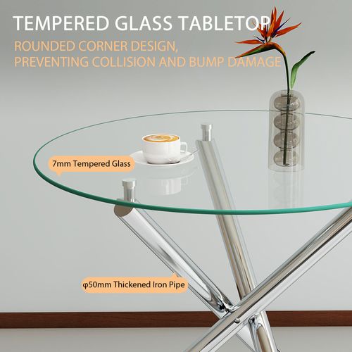 Table à Manger Ronde En Verre Trempé Et Métal Argenté - 80x80x76 Cm