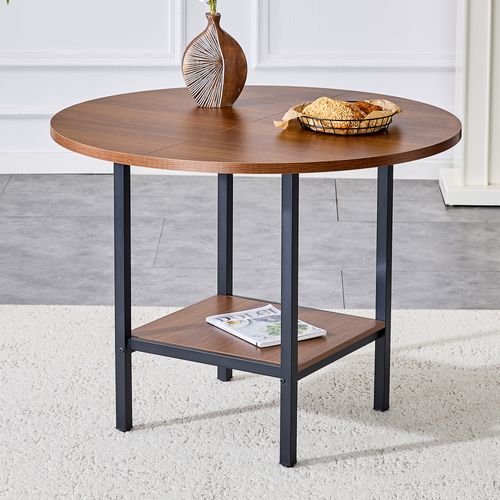 Table à Manger Ronde - Mdf Et Métal - Noyer - D.100x77 Cm