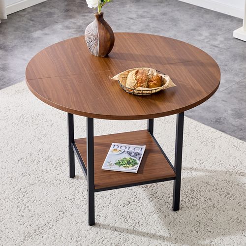 Table à Manger Ronde - Mdf Et Métal - Noyer - D.100x77 Cm
