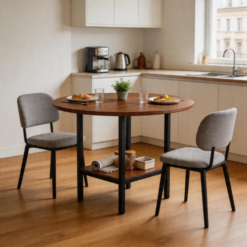 Table à Manger Ronde - Mdf Et Métal - Noyer - D.100x77 Cm