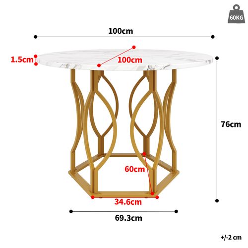 Table à Manger Ronde En Mdf Et Métal - Effet Marbre Blanc Et Or - 100x100x76 Cm