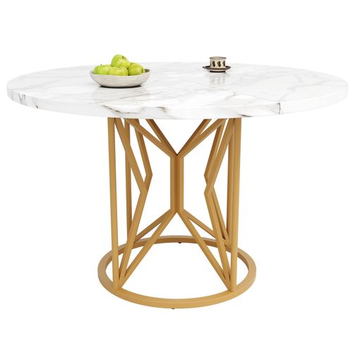 Table De Repas Ronde - Mdf Et Métal - Blanc Marbré Et Doré - 100x100x76 Cm