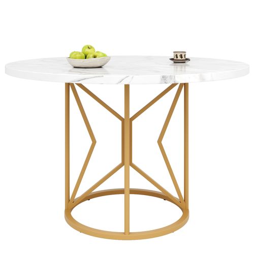 Table De Repas Ronde - Mdf Et Métal - Blanc Marbré Et Doré - 100x100x76 Cm