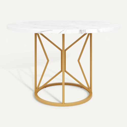 Table De Repas Ronde - Mdf Et Métal - Blanc Marbré Et Doré - 100x100x76 Cm