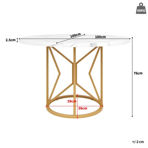 Table De Repas Ronde - Mdf Et Métal - Blanc Marbré Et Doré - 100x100x76 Cm