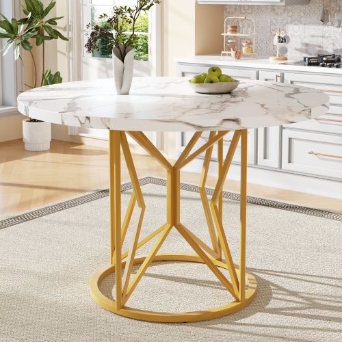 Table De Repas Ronde - Mdf Et Métal - Blanc Marbré Et Doré - 100x100x76 Cm