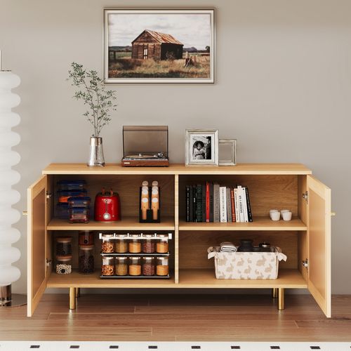 Buffet En Mdf Et Métal - Aspect Bois Naturel Et Rotin - 120x40x63 Cm