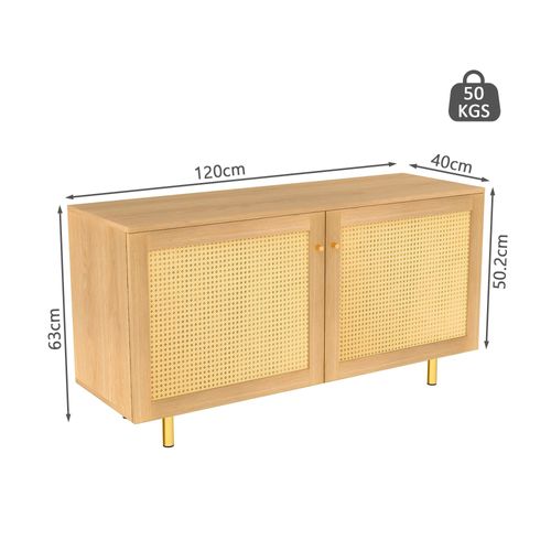 Buffet En Mdf Et Métal - Aspect Bois Naturel Et Rotin - 120x40x63 Cm