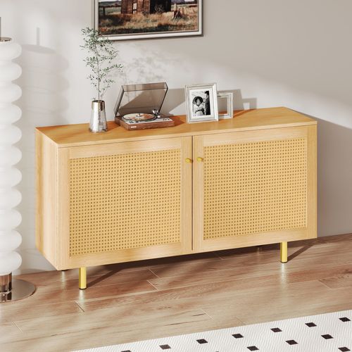 Buffet En Mdf Et Métal - Aspect Bois Naturel Et Rotin - 120x40x63 Cm