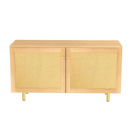 Buffet En Mdf Et Métal - Aspect Bois Naturel Et Rotin - 120x40x63 Cm