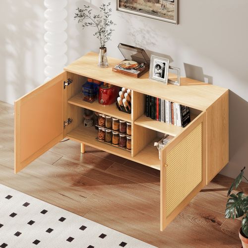 Buffet En Mdf Et Métal - Aspect Bois Naturel Et Rotin - 120x40x63 Cm