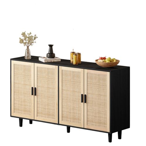 Buffet 4 Portes En Rotin Et Panneaux De Particules - Noir - 158x40x88 Cm