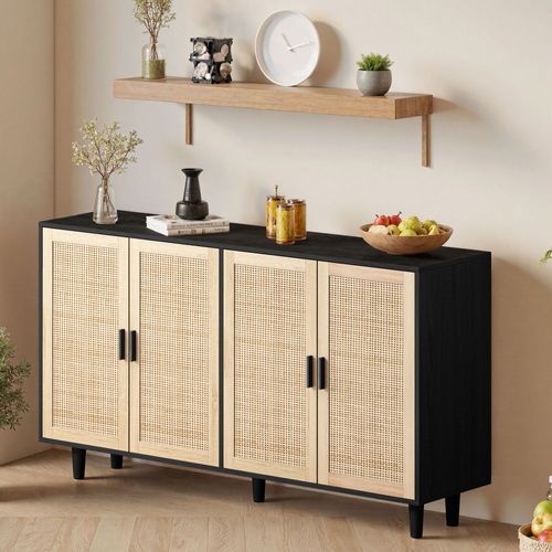 Buffet 4 Portes En Rotin Et Panneaux De Particules - Noir - 158x40x88 Cm