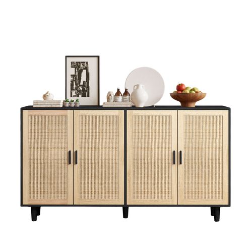 Buffet 4 Portes En Rotin Et Panneaux De Particules - Noir - 158x40x88 Cm