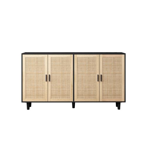 Buffet 4 Portes En Rotin Et Panneaux De Particules - Noir - 158x40x88 Cm